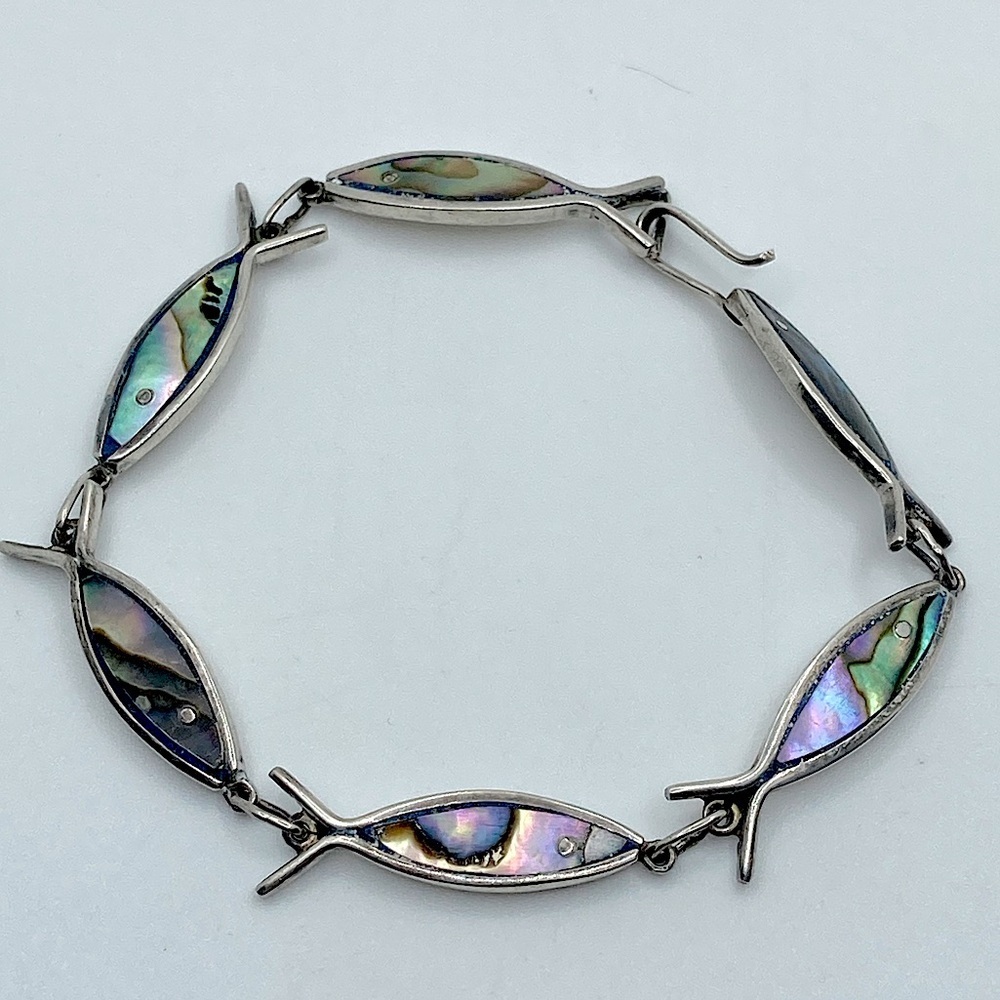 VTG Sterling Abalone Fish Link Fetish Bracelet Approx 7.5”